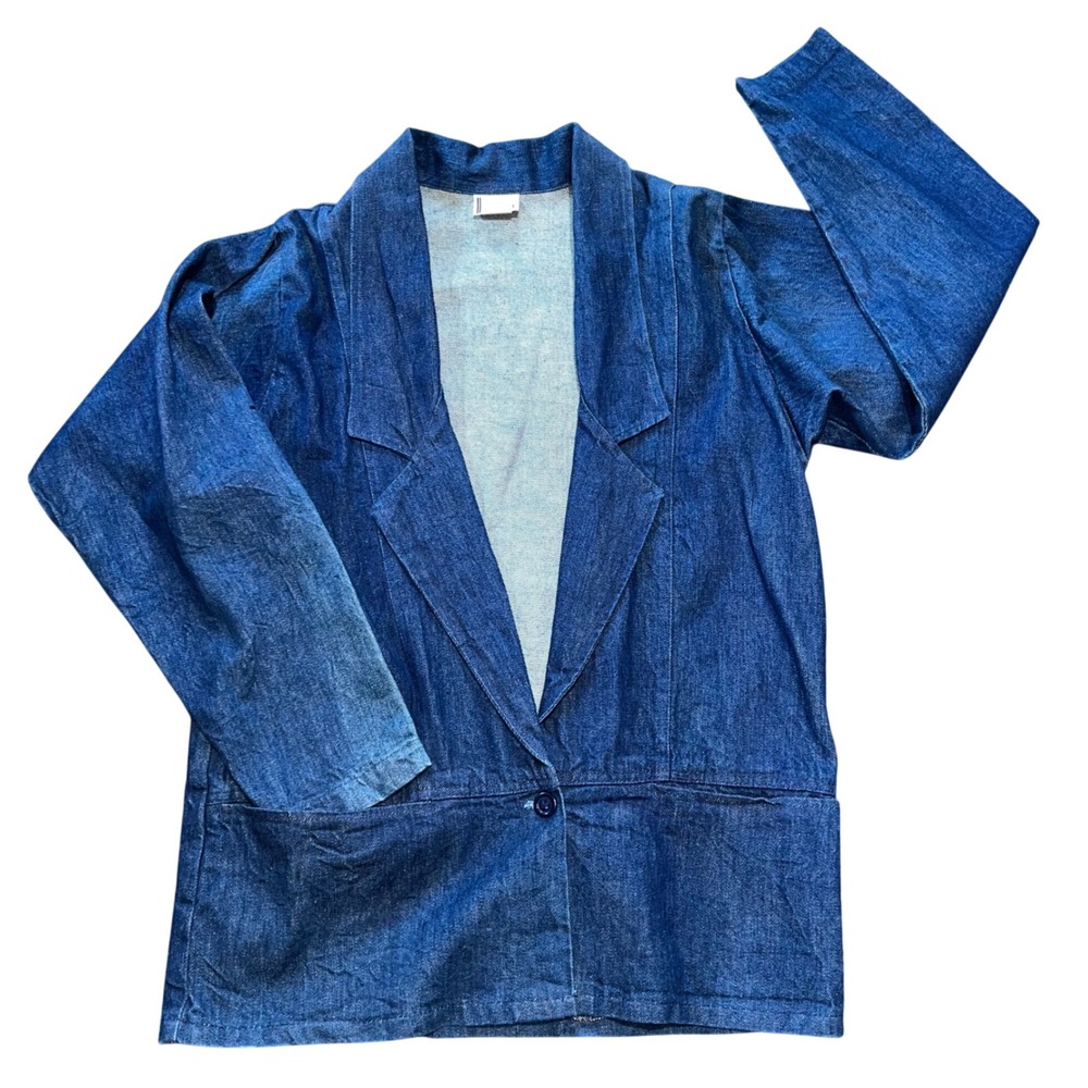 Vintage Denim‎ Blazer Jacket Womens Medium Blue 80s Made in USA Fading